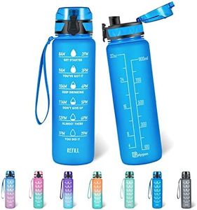 Polygon 32oz Motivational Water Bottle with Time Marker & Removable Strainer to Remind You Drink More Water, Fast Flow, Leakproof BPA Free Sport Water Bottle for Fitness and Outdoor(Blue)