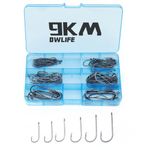 9KM DWLIFE Baitholder Fishing Hooks Set 100Pcs Offset Worm Hook Double Barbs/Long Shank/Black for Sea Fishing Tackle Saltwater Freshwater