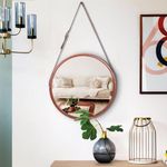 Artemade Round Iron Framed Wall Mirror with Adjustable Leather Hanging Belt Strap Design Modern Mirror for Living Room Bathroom Home Decor (Orange, 40 Cm)