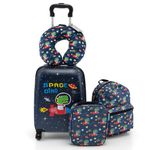 HONEY JOY 5 Piece Kids Luggage Set, 16 Inch Carry-On Suitcase & Toddler Backpack, Lunch Bag, Neck Pillow, Luggage Tag, Airplane Approved, Spinner Travel Luggage for Boys Girls (Rocket)