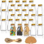 yarlung 30 Pack Glass Favor Jars with Cork Lids, Clear Small Candy Jars 4 Oz Square Decorative Bottles for Valentine's Day Gift, Party Favor, Brown Labels and Strings