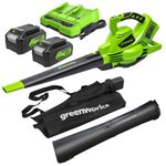 Greenworks 48V(24V x 2) Cordless Leaf Blower and Vacuum with 45L Mulching Bag & Shoulder Strap, 322km/h ,9m³/min, Two 24V 4Ah Batteries & double Charger, 3 Year Guarantee GD24X2BVK4X