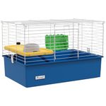 PawHut Chinchillas Small Rabbit Guinea Pig Small Animal Cage, Pet Playhouse with Platform, Ramp, Food, Dish, Water Bottle, 71 x 46 x 47cm, Blue