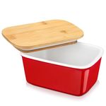 LOVECASA Butter Dish, Porcelain Butter Container with Wooden Bamboo Lid, French Butter Dish,Removable Silicone Seal, 500ml Red