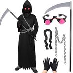 Hallowcoss Grim Reaper Costume Kids Halloween Costume for Boys Girls,Scary Ghost Cosplay Outfit Glowing Red Eyes Scythe Chain