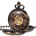 ManChDa Mens Pocket Watch Skeleton Mechanical Bronze 3D Steam Train Railroad Pattern with Gift Box and Chain