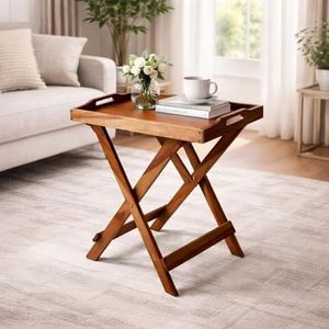 WIQOWEG Solid Sheesham Wood Home Folding End Table with Removable Tray Top, 22-Inch Tall (Brown)