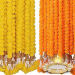 Home Buy Artificial Genda Phool for Decoration Flowers for Decoration Garland with Bell for Diwali & Festivals | 5 Feet Long 10 Pcs with 2 Diya (Orange+Yellow) (Bell Y+O)