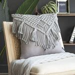 Phantoscope 100% Cotton Handmade Crochet Woven Boho Throw Pillow Farmhouse Pillow Insert Included Decorative Cushion for Couch Sofa Grey 18 x 18 inches