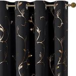 BUHUA Black Blackout Curtains with Gold Wave Line Foil Design,Room Darkening Curtains 84 Inches Long,Noise Reducing Blackout Drapes,Sliding Door Curtains Thermal for Living Room 2 Panels Set,52W×84L