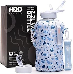 H2O Capsule 2.2L Half Gallon Water Bottle with Storage Sleeve and straw lid– BPA Free Large Water Bottle/2.2 Liter (74 Ounce) Big Sports Bottle Jug with Handle (Blue Pebbles)