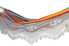 NOVICA Multi-Color Striped Cotton 2 Person Hand Woven Hammock with Crochet Fringe, Festive Brazil' (double)