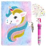 Diary with Lock for Girls, Plush Secret Locking Journal with Multicolored Pen, 6 Pack Unicorn Sticker, Cute Lock Journal School Travel Notebook Gift