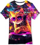 Boys Neon T Shirt 9t 12t Funny DJ Cat Tee Shirt Casual Short Sleeve Shirts Tops for Party 9-12 Years