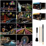 Scratch Art for Teens & Adults, Rainbow Engraving Painting Landscape Scratchboard(A4) Crafts Set: 8 Sheets with 4 Tools - New York, Statue of Liberty, Golden Gate Bridge, Manarola (America/Europe)