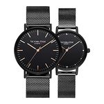 VICTORIA HYDE Couple Watches Men Women Stainless Steel Mesh Band Black His and Hers Waterproof Quartz Wristwatch for Lovers Gifts Set