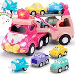 Car Toys for 1 2 3 Year Old Girls Boys, 5-in-1 Pink Princess Transport Carrier Trucks with Lights & Music for Toddlers 3-5, Friction Power Toys for 3 Year Old Boys Girl Toys Gifts Birthday Newborn