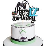 SYKYCTCY 1 Pack Happy 12th Birthday Cake Topper Glitter Video Game Cake Pick Game On Controllers Twelfth Cheers to 12 Years Cake Decoration for Game Theme Happy 12th Birthday Party Supplies Black