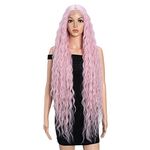 Joedir 38'' Super Long Wavy Wig Lace Front Wigs Long Wavy Synthetic Wigs for Women Pink Wigs with Baby Hair 130% Density (38 Inch, PINK)