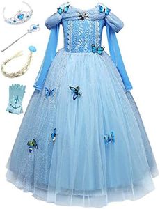 Monissy Costume Reine des Neiges Princesse Elsa Robe Bleu Dentelle Manche Longue Tulle Brillant Papillon Diadème Perruque Gant Baguette Déguisement Halloween Anniversaire