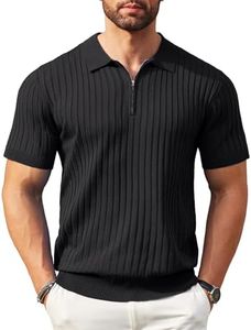 COOFANDY Men's Zipper Polo Shirts Short Sleeve Ribbed Knit Polo T Shirts Fashion Casual Golf Shirts, Black, Large