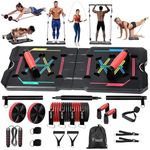 Fueti Push Up Board Home Gym Portable Home Fitness System, Large Compact Foldable Push Up Board, Push Up Bar with Resistance Bands, Strength Training Kit with Pilates Bar & Ab Roller Wheel Fitness Accessories