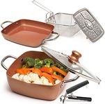 Moss & Stone Copper 6 Piece Set Chef Cookware, Non Stick Pan, Deep Square Pan, Fry Basket, Steamer Tray, Dishwasher & Oven Safe, 5 Quart Copper Pot Set, Copper Induction Cookware Set