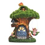 TERESA'S COLLECTIONS Autumn Decorations, Halloween Decorations, Garden Ornaments Outdoors, Solar Green Tree House with Swinging Fairy, Waterproof Resin Ornaments, Autumn Gifts 19.5CM