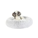 Bedfolks Calming Donut Dog Bed, Dia23 Round Fluffy Dog Beds for Small Dogs & Cat Beds for Indoor Cats, Washable Anti-Anxiety Plush Puppy Bed（Light Grey, Small）