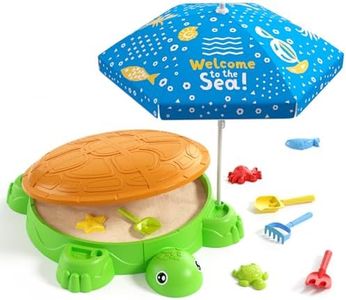 HYES Turtle Sandbox with Lid, Sand Pit with Adjustable Umbrella & 8pcs Beach Toys for Toddler 3-5, Kids Sand Box with Cover Suit for Sensory Playsand, Summer Gifts for Indoor Outdoor Backyard