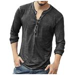 Mens Distressed Henley Shirts Front Placket Retro Long Sleeve Tee Shirts V Neck Casual Button Up Washed T-Shirts Black