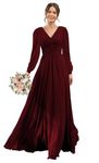YOFF V-Neck Long Sleeves Bridesmaid Dresses Long with Slit Pleated Chiffon A-line Formal Party Dresses with Pockets YO090, Burgundy, 22 Plus