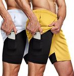 ATHLIO 2 Pack Men's 2 in 1 Running Shorts, Quick Dry Mesh Athletic Shorts, Gym Training Workout Inner Shorts with Pocket CBH12-WYL Large