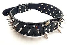 Pups&Pets Dog Adjustable Spiked Leather Collar | Stainless-Steel Sharp Spike Studded Collar with D-Ring | 3.0" Width Triple line Spike Neck Collar Belt for Large Dogs - 1Pcs (X-Large, Color May Vary)