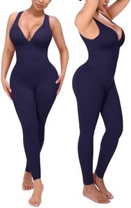 SHAPELLX Blue One Piece Compression Jumpsuits for Women Yoga Gym Full Body Suit Ribbed Bodycon Pants Romper (Navy Medium)