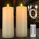 Ymenow Flameless Candles Solar Powered & USB Rechargeable, 2pcs Waterproof Large LED Flickering White Pillar Candles with Remote Timer for Outdoor Indoor Garden Lantern Decoration, 25.4 x 10.16cm