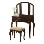 Major-Q 30" H Transitional Style Cherry Finish Trifold Mirror Wooden Vanity Set with Stool, 9090091 + 9090093
