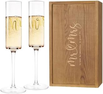 AW BRIDAL Mr and Mrs Champagne Flutes Set of 2, Engagement Gift for Couples and Newlyweds, Bridal Shower Gifts for Bride to Be, Wedding Anniversary Toasting Glasses Set with Wooden Box