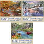 Bits and Pieces - Value Set of Three (3) 500 Piece Jigsaw Puzzles for Adults - Each Puzzle Measures 18" x 24" (46cm x 61cm) - 500 pc Autumn, Spring, Winter Cabin Jigsaws by Bigelow Illustrations