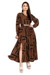 SheChoiceFAB Women's BSY Fit and Flare Printed Maxi Dress with Puff Full Sleeves and V-Neck and Front 2 Slit| | Maxi/Midi/One Piece Western Long Gown Dresses for Women Brown