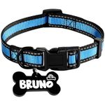 PAWPRO HANDMADE Nylon Reflective Dog Collar With Customizable Bone-Shaped Tag Adjustable For Safety And Comfort, Fits 35-50 Cm Neck Black (Blue, Medium)
