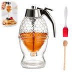 Honey Dispenser 8oz Glass, Clear No Drip Syrup Dispenser Honey Jar Bottle with Dipper, Brush, Honey Container with Stand for Kitchen Cooking Picnic