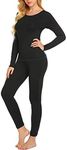 Ekouaer Women's Thermal Underwear Set Inner Fleece Thermal Functional Underwear U Neck Ski Underwear for Winter, A-Black, XL