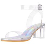 Heels Charm Women's Strappy Clear Chunky Clear Block Low Heeled Sandals 2 Inches Open Toe Ankle Strap High Heel Dress Sandals Daily Work Party Sandal Shoes, Silver Clear Block, 9