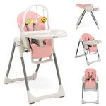 INFANS High Chair for Babies and Toddlers, Foldable Highchair with 7 Different Heights 4 Reclining Backrest Seat 3 Setting Footrest, Removable Tray Built-in Rear Wheels with Locks (Pink)