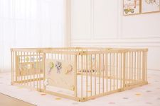 Avenlur Wooden Baby Playpen with Montessori Sensory Activity Panels – 63" x 63" Foldable Indoor Play Yard for Babies & Toddlers, Natural Wood