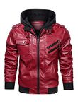 HOOD CREW Men’s PU Faux Leather Motorcycle Bomber Jacket With a Removable Hood Red S