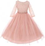 Girls Dress Lace Top Rhinestones Tulle Holiday Christmas Party Flower Girl Dress - Pink - 16