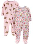 Simple Joys by Carter's Girls' 2-Pack Cotton Footed Sleep and Play, Pink Bears/Floral, 0-3 Months