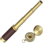 Pirate Spyglass Telescope Pocket Compass Kids Toys Set for Pirate Party, Retro Pirate Telescope Zoomable 25x30 Spyglass with Pirate Pocket Compass for Pirate Party Supplies